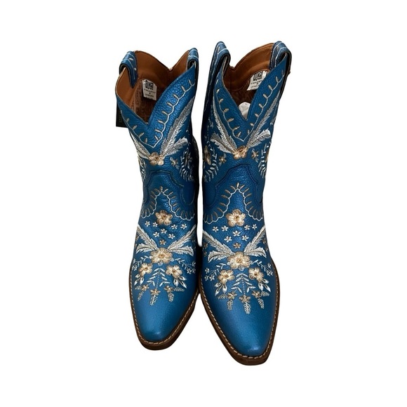 NWT DINGO Blue Embroidered Metallic Western Cowboy Leather Ankle Boots Sz 39 - Picture 6 of 7